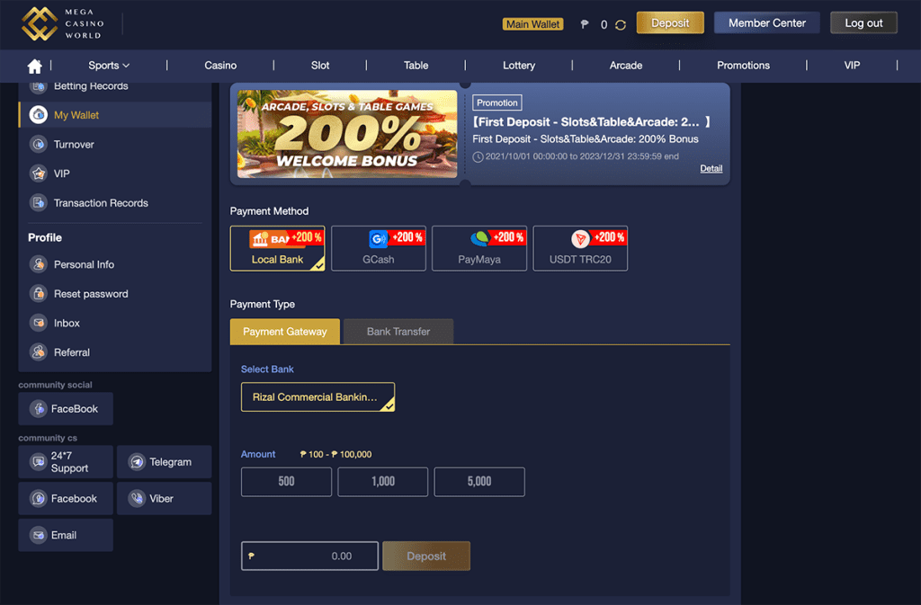 Mega Casino World Philippines Payment section